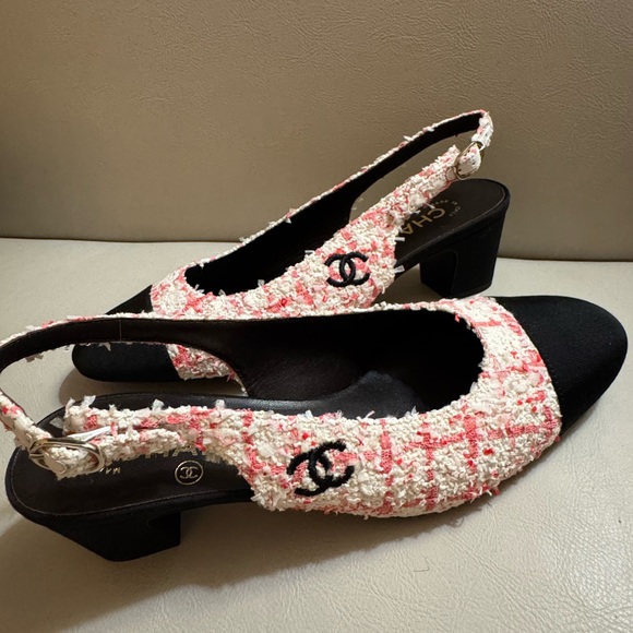 Chanel Pink Glittered Tweed Leather Slingbacks Pumps 24P Size 37.5/US Size 7.5 - Picture 5 of 16